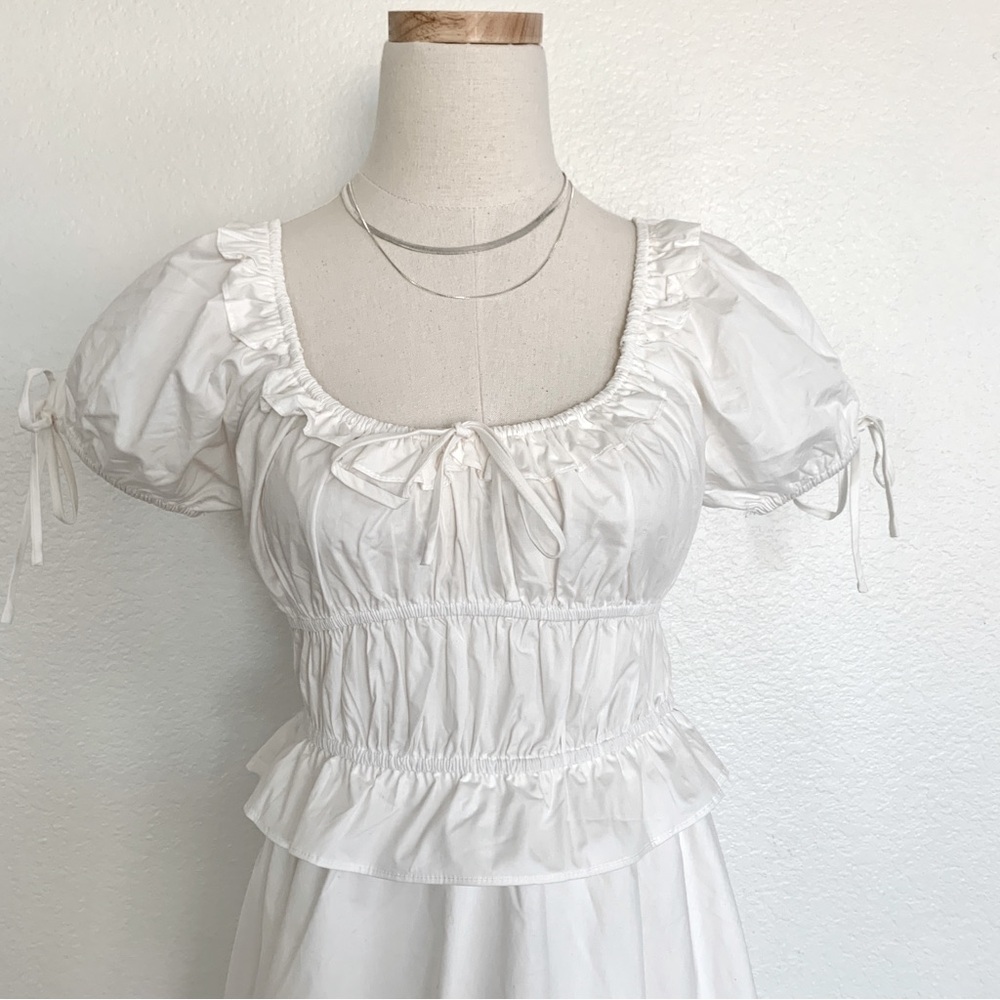 ☁️ White Tie Front Puff Sleeves Cotton Mini Dress - Picture 6 of 16